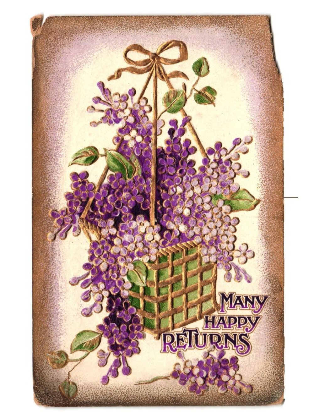 Antique 1909 Embossed Postcard Many Happy Returns Purple Floral Basket Gold Acce